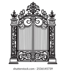 PUERTA DE METAL ANTIGUO. Bosquejo negro sobre blanco de puertas de jardín plegables de hierro forjado. Puerta de la iglesia con pergaminos y hojas.