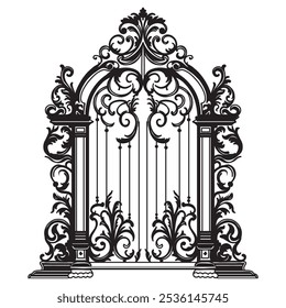 ANTIQUE METAL GATE. Black on white sketch of wrought iron bi-fold garden doors. Church gate with scrolls and leaves.