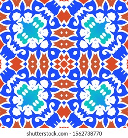 Antique mexican talavera ceramic. Bathroom design. Vector seamless pattern texture. Red floral and abstract decor for scrapbooking, smartphone cases, T-shirts, bags or linens.