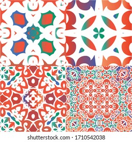 Antique mexican talavera ceramic. Collection of vector seamless patterns. Fashionable design. Red floral and abstract decor for scrapbooking, smartphone cases, T-shirts, bags or linens.