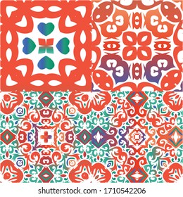 Antique mexican talavera ceramic. Collection of vector seamless patterns. Colored design. Red floral and abstract decor for scrapbooking, smartphone cases, T-shirts, bags or linens.