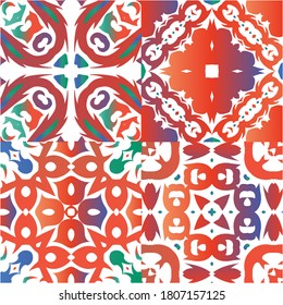 Antique mexican talavera ceramic. Collection of vector seamless patterns. Original design. Red floral and abstract decor for scrapbooking, smartphone cases, T-shirts, bags or linens.