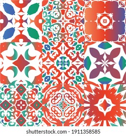 Antique mexican talavera ceramic. Collection of vector seamless patterns. Geometric design. Red floral and abstract decor for scrapbooking, smartphone cases, T-shirts, bags or linens.