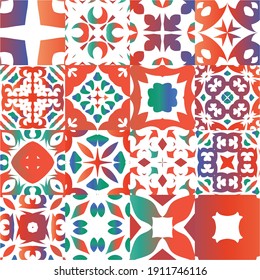 Antique mexican talavera ceramic. Collection of vector seamless patterns. Universal design. Red floral and abstract decor for scrapbooking, smartphone cases, T-shirts, bags or linens.