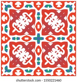 Antique mexican talavera ceramic. Colored design. Vector seamless pattern template. Red floral and abstract decor for scrapbooking, smartphone cases, T-shirts, bags or linens.