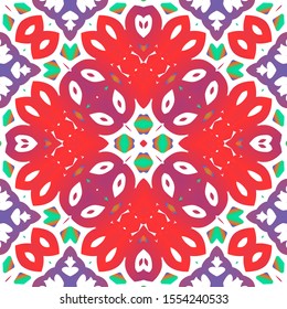 Antique mexican talavera ceramic. Colored design. Vector seamless pattern template. Red floral and abstract decor for scrapbooking, smartphone cases, T-shirts, bags or linens.
