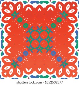 Antique mexican talavera ceramic. Colored design. Vector seamless pattern template. Red floral and abstract decor for scrapbooking, smartphone cases, T-shirts, bags or linens.