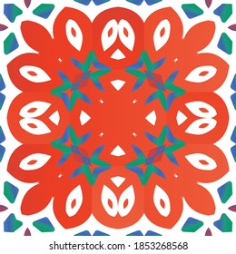 Antique mexican talavera ceramic. Colored design. Vector seamless pattern template. Red floral and abstract decor for scrapbooking, smartphone cases, T-shirts, bags or linens.