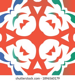 Antique mexican talavera ceramic. Colored design. Vector seamless pattern frame. Red floral and abstract decor for scrapbooking, smartphone cases, T-shirts, bags or linens.