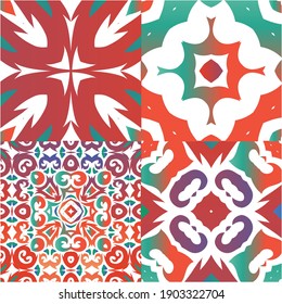 Antique mexican talavera ceramic. Colored design. Kit of vector seamless patterns. Red floral and abstract decor for scrapbooking, smartphone cases, T-shirts, bags or linens.