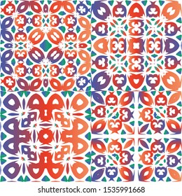 Antique mexican talavera ceramic. Creative design. Set of vector seamless patterns. Red floral and abstract decor for scrapbooking, smartphone cases, T-shirts, bags or linens.