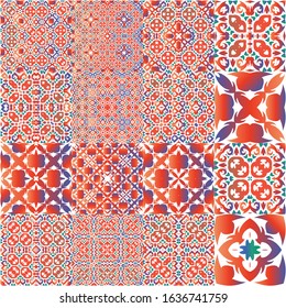 Antique mexican talavera ceramic. Creative design. Kit of vector seamless patterns. Red floral and abstract decor for scrapbooking, smartphone cases, T-shirts, bags or linens.