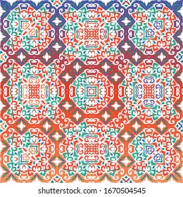 Antique mexican talavera ceramic. Creative design. Vector seamless pattern theme. Red floral and abstract decor for scrapbooking, smartphone cases, T-shirts, bags or linens.