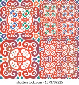 Antique mexican talavera ceramic. Fashionable design. Collection of vector seamless patterns. Red floral and abstract decor for scrapbooking, smartphone cases, T-shirts, bags or linens.