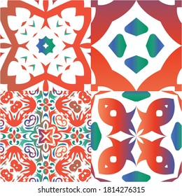 Antique mexican talavera ceramic. Geometric design. Set of vector seamless patterns. Red floral and abstract decor for scrapbooking, smartphone cases, T-shirts, bags or linens.