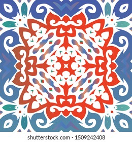Antique mexican talavera ceramic. Graphic design. Vector seamless pattern poster. Red floral and abstract decor for scrapbooking, smartphone cases, T-shirts, bags or linens.