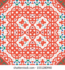 Antique mexican talavera ceramic. Graphic design. Vector seamless pattern poster. Red floral and abstract decor for scrapbooking, smartphone cases, T-shirts, bags or linens.