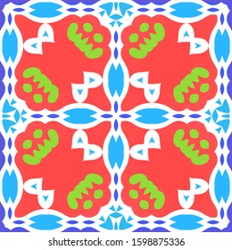 Antique mexican talavera ceramic. Graphic design. Vector seamless pattern poster. Red floral and abstract decor for scrapbooking, smartphone cases, T-shirts, bags or linens.