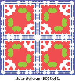 Antique mexican talavera ceramic. Graphic design. Vector seamless pattern poster. Red floral and abstract decor for scrapbooking, smartphone cases, T-shirts, bags or linens.