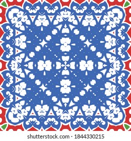 Antique mexican talavera ceramic. Graphic design. Vector seamless pattern poster. Red floral and abstract decor for scrapbooking, smartphone cases, T-shirts, bags or linens.