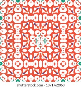 Antique mexican talavera ceramic. Hand drawn design. Vector seamless pattern illustration. Red floral and abstract decor for scrapbooking, smartphone cases, T-shirts, bags or linens.