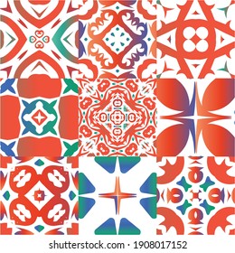 Antique mexican talavera ceramic. Hand drawn design. Kit of vector seamless patterns. Red floral and abstract decor for scrapbooking, smartphone cases, T-shirts, bags or linens.