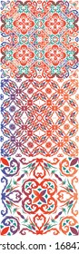 Antique mexican talavera ceramic. Kit of vector seamless patterns. Colored design. Red floral and abstract decor for scrapbooking, smartphone cases, T-shirts, bags or linens.
