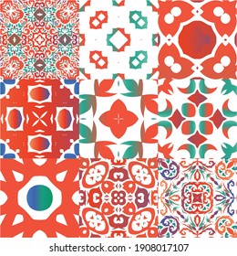 Antique mexican talavera ceramic. Kit of vector seamless patterns. Hand drawn design. Red floral and abstract decor for scrapbooking, smartphone cases, T-shirts, bags or linens.