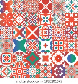 Antique mexican talavera ceramic. Kit of vector seamless patterns. Hand drawn design. Red floral and abstract decor for scrapbooking, smartphone cases, T-shirts, bags or linens.