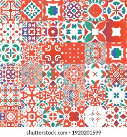 Antique mexican talavera ceramic. Kit of vector seamless patterns. Kitchen design. Red floral and abstract decor for scrapbooking, smartphone cases, T-shirts, bags or linens.