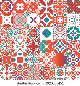 Antique mexican talavera ceramic. Kit of vector seamless patterns. Original design. Red floral and abstract decor for scrapbooking, smartphone cases, T-shirts, bags or linens.