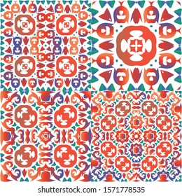 Antique mexican talavera ceramic. Kitchen design. Kit of vector seamless patterns. Red floral and abstract decor for scrapbooking, smartphone cases, T-shirts, bags or linens.