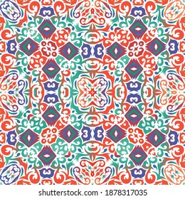 Antique mexican talavera ceramic. Kitchen design. Vector seamless pattern texture. Red floral and abstract decor for scrapbooking, smartphone cases, T-shirts, bags or linens.