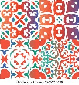 Antique mexican talavera ceramic. Kitchen design. Collection of vector seamless patterns. Red floral and abstract decor for scrapbooking, smartphone cases, T-shirts, bags or linens.