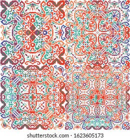 Antique mexican talavera ceramic. Minimal design. Collection of vector seamless patterns. Red floral and abstract decor for scrapbooking, smartphone cases, T-shirts, bags or linens.