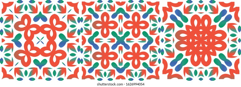 Antique mexican talavera ceramic. Minimal design. Collection of vector seamless patterns. Red floral and abstract decor for scrapbooking, smartphone cases, T-shirts, bags or linens.
