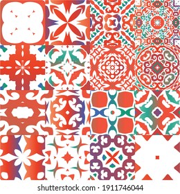 Antique mexican talavera ceramic. Minimal design. Collection of vector seamless patterns. Red floral and abstract decor for scrapbooking, smartphone cases, T-shirts, bags or linens.