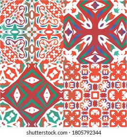 Antique mexican talavera ceramic. Modern design. Kit of vector seamless patterns. Red floral and abstract decor for scrapbooking, smartphone cases, T-shirts, bags or linens.