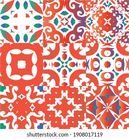 Cerámica de talavera mexicana antigua. Diseño moderno. Conjunto de patrones vectoriales sin fisuras. Decoración floral y abstracta roja para la reserva de recortes, estuches para smartphones, camisetas, bolsas o ropa de cama.