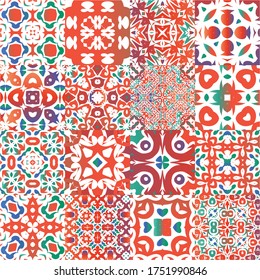 Antique mexican talavera ceramic. Set of vector seamless patterns. Fashionable design. Red floral and abstract decor for scrapbooking, smartphone cases, T-shirts, bags or linens.