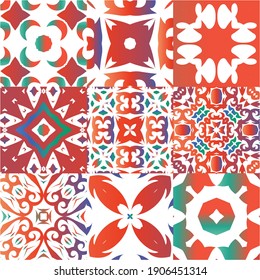 Antique mexican talavera ceramic. Set of vector seamless patterns. Stylish design. Red floral and abstract decor for scrapbooking, smartphone cases, T-shirts, bags or linens.