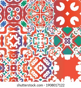 Antique mexican talavera ceramic. Set of vector seamless patterns. Hand drawn design. Red floral and abstract decor for scrapbooking, smartphone cases, T-shirts, bags or linens.