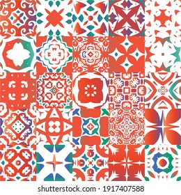 Antique mexican talavera ceramic. Set of vector seamless patterns. Hand drawn design. Red floral and abstract decor for scrapbooking, smartphone cases, T-shirts, bags or linens.