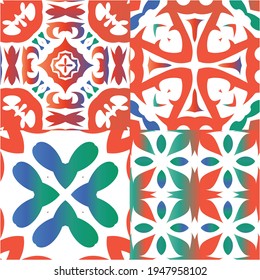 Antique mexican talavera ceramic. Set of vector seamless patterns. Kitchen design. Red floral and abstract decor for scrapbooking, smartphone cases, T-shirts, bags or linens.