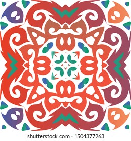Antique mexican talavera ceramic. Vector seamless pattern template. Kitchen design. Red floral and abstract decor for scrapbooking, smartphone cases, T-shirts, bags or linens.