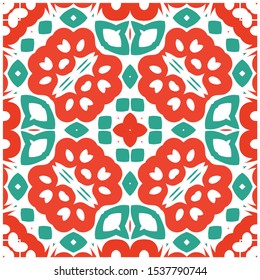 Antique mexican talavera ceramic. Vector seamless pattern texture. Kitchen design. Red floral and abstract decor for scrapbooking, smartphone cases, T-shirts, bags or linens.