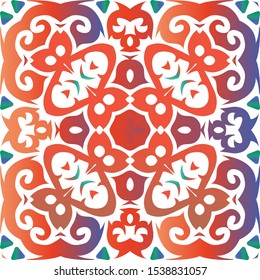 Antique mexican talavera ceramic. Vector seamless pattern arabesque. Geometric design. Red floral and abstract decor for scrapbooking, smartphone cases, T-shirts, bags or linens.