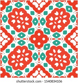Antique mexican talavera ceramic. Vector seamless pattern texture. Kitchen design. Red floral and abstract decor for scrapbooking, smartphone cases, T-shirts, bags or linens.