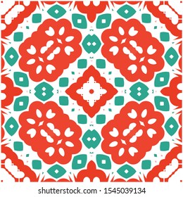 Antique mexican talavera ceramic. Vector seamless pattern texture. Kitchen design. Red floral and abstract decor for scrapbooking, smartphone cases, T-shirts, bags or linens.