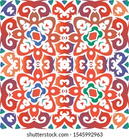 Antique mexican talavera ceramic. Vector seamless pattern poster. Geometric design. Red floral and abstract decor for scrapbooking, smartphone cases, T-shirts, bags or linens.